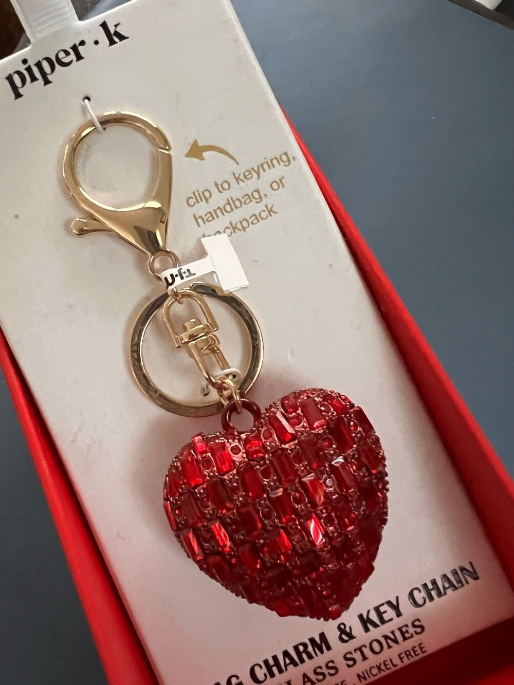 ♥️ Piper Red Sparkling Crystal Heart Keychain Charm with Gold Hardware ♥️